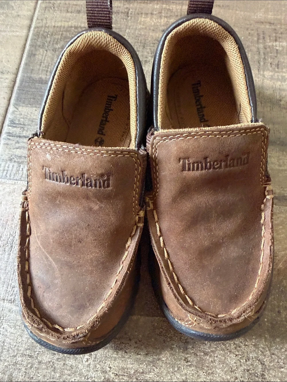 Timberland Kids Brown Leather Slip-On Moccs with Black Soles